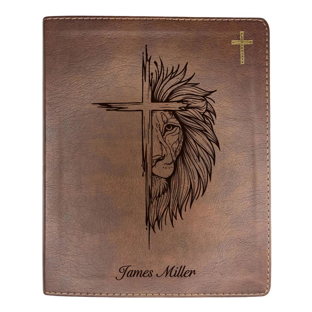 NIV Brown Standard Size Notetaking Holy Bible Medium Print | Cross + Lion; existing example personalization